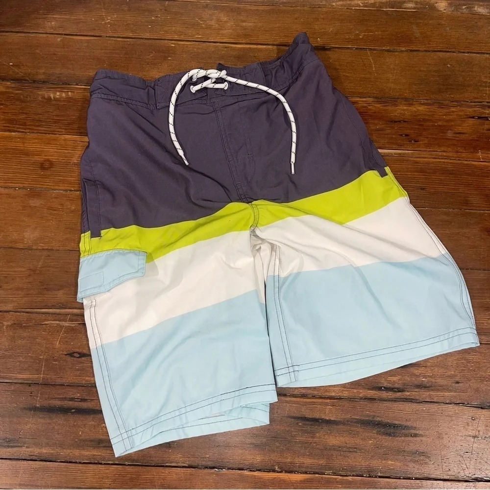 Dip Blue and Green Board Shorts with Color Block Design